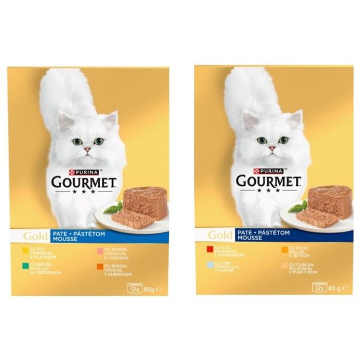 Комплект консерви, GOURMET GOLD, Храна за котки, Пастет микс, 8 вкуса, Пиле, Заек, Сьомга, Бъбреци, Говеждо, Риба Тон, Черен дроб, Пуйка, 24x85г