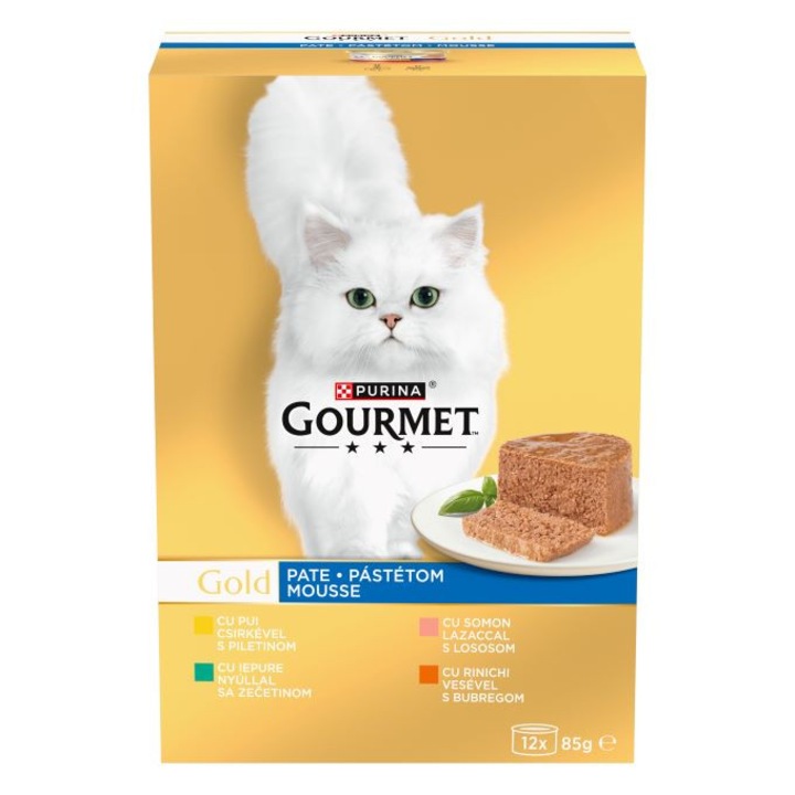 Комплект консерви, GOURMET GOLD, Храна за котки, Пастет микс, Пиле, Заек, Сьомга, Бъбреци, 12x85г