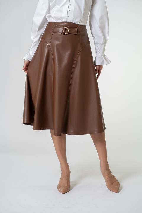 Hermosa, Fusta midi plisata din piele ecologica Liddy, Maro