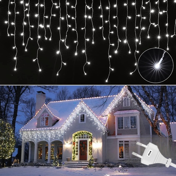 Instalatie De Craciun EDAR Model Turturi, 12 m, 300 Led-uri, Cu 8 Jocuri De Lumini, Franjuri, Efect Flash, Pentru Exterior/Interior, Rezistent la Ploaie si Zapada, Interconectabila, Fir Transparent, Alimentare Priza, Alb rece