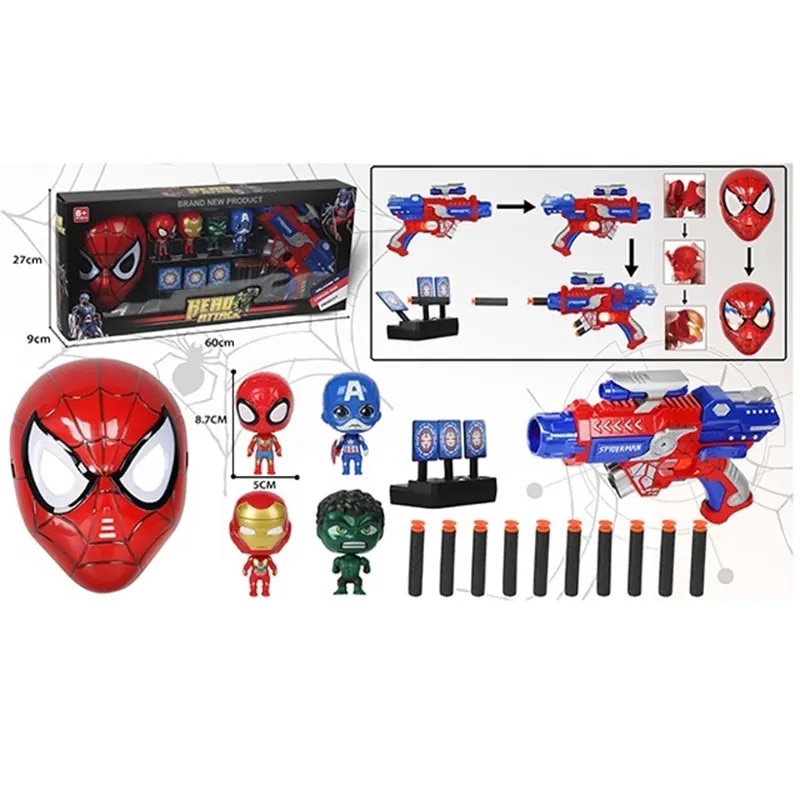 Set Spider-Man, Cu pistol, Mască, Figurine și ținte, Cu gloanțe