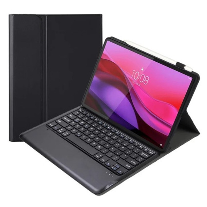 Gigapack tabletvédő álló, bőr hatású, flip, bluetooth billentyűzet, asztali tartó, qwerty, angol nyelvű, ceruza tartó, fekete, kompatibilis: Lenovo Yoga Tab Plus, TB520FU