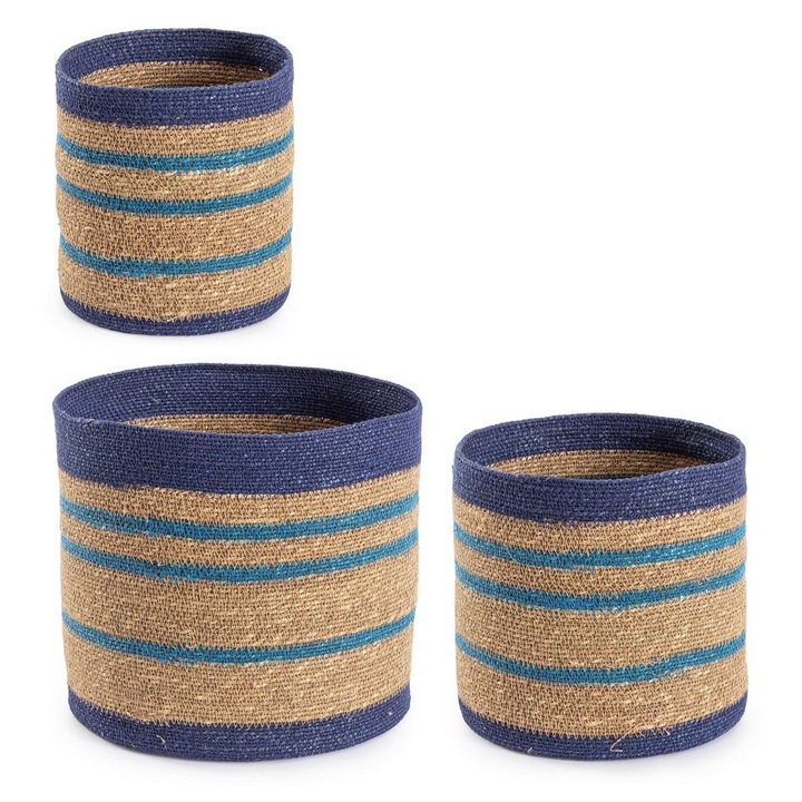 Комплект 3 кошници за съхранение голяма синя трева Ylenia Ø22x21h, Ø25x24h, Ø30x28h