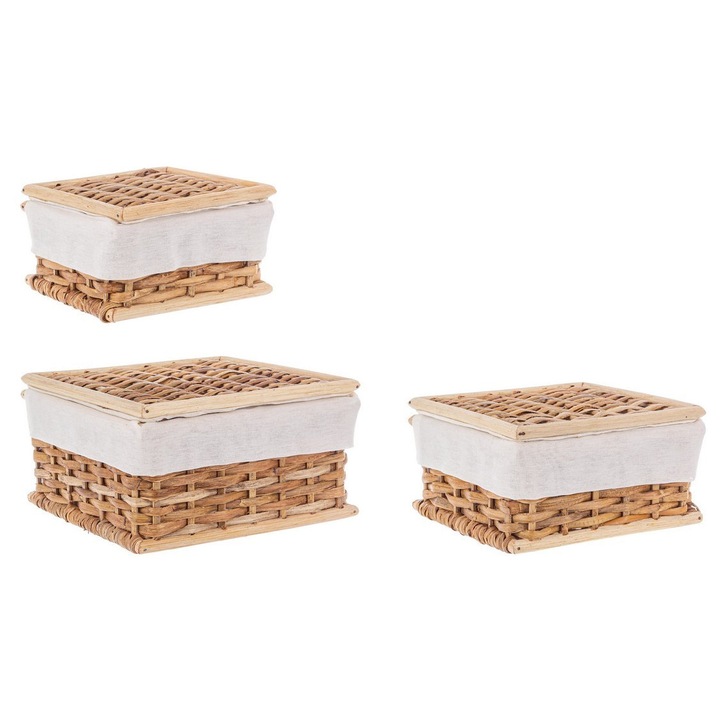 Set 3 cosuri depozitare ratan bambus maro alb Homely 17x17x8h; 20x20x10.5; 23x23x13h