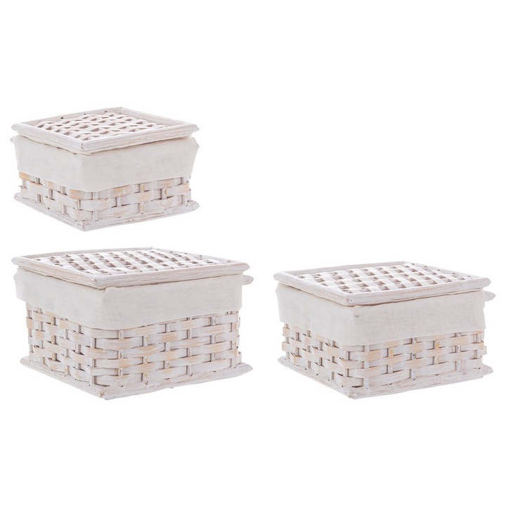Set 3 cosuri depozitare ratan bambus natur alb Homely 17x17x8h; 20x20x10.5; 23x23x13h