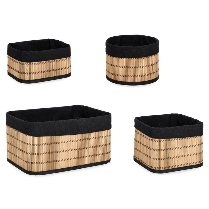 Комплект 4 кошници бамбук натурален текстил черен Синтия Ø19x13,5h, 20x15x10h, 20x20x15h, 33x23x17h