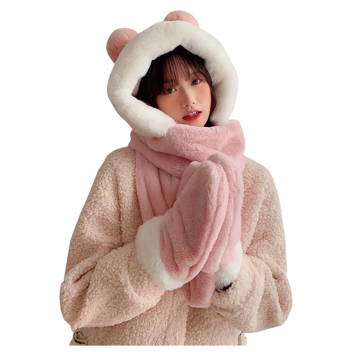 Set caciula/fular lung de iarna din lana/manusi, roz, dimensiune unica