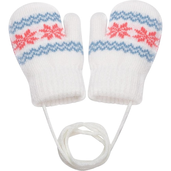 Manusi copii, manusi tricotate calduroase, design anti-pierdere, model fulgi de zapada, 0-3 ani