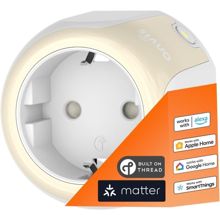 Priza inteligenta, Onvis S4EU, control prin aplicatie si voce, compatibila cu Alexa, Apple HomeKit, Google Home, cronometru, retea Thread, raspuns instant, finisaj mat
