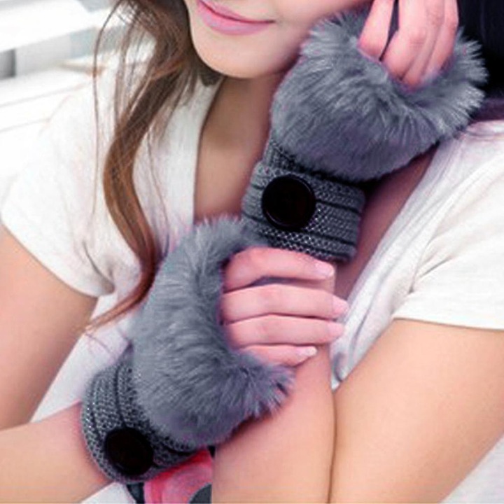 Дамски ръкавици без пръсти, половинки, от изкуствена кожа, плетени ръкавици за затопляне на ръцете, пухкави ръкавици за китки, зимни ръкавици, светлосиви