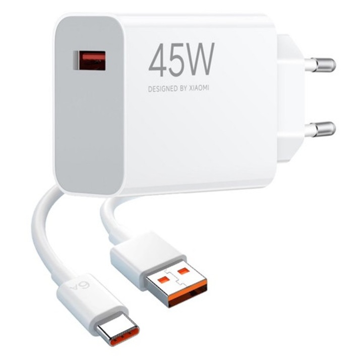 Xiaomi hálózati töltő usb aljzat, 45w, gyorstöltő + type-c kábel, fehér, bulk