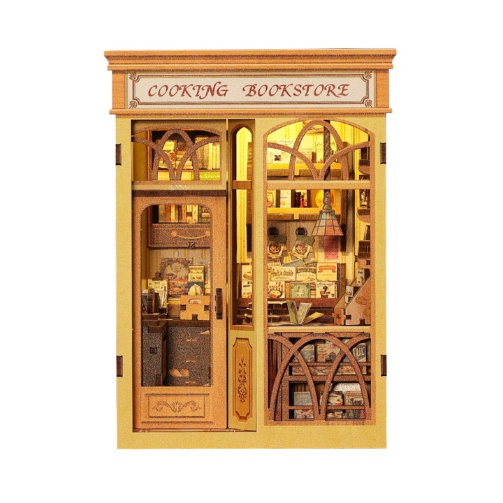 3D Puzzle Book Nook Cooking Bookstore könyvtámasz készlet, DIY, LED világítással, érintőgombbal, 17x12.5x10.2 cm, 156 darab, Nookche, Cutebee