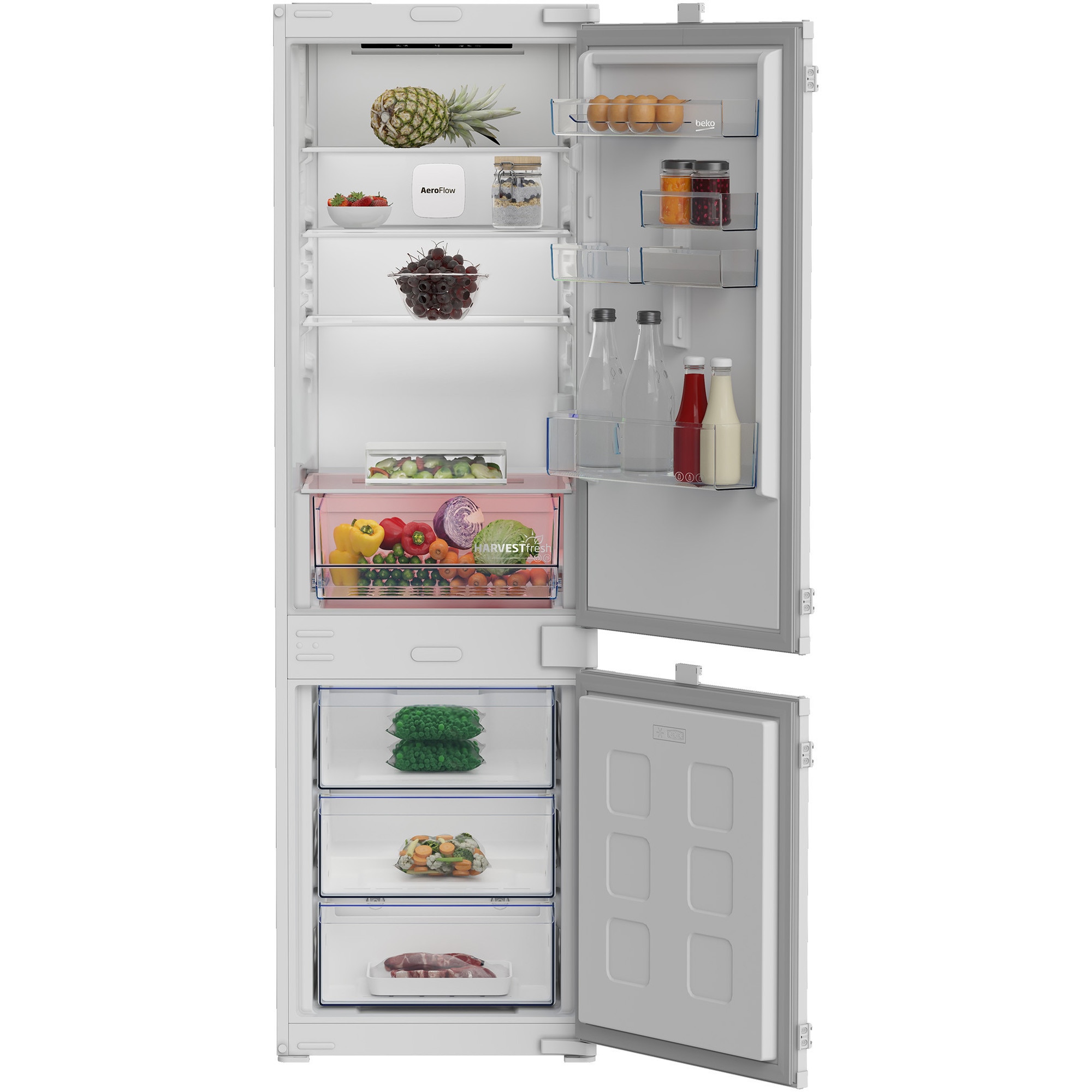 Combina frigorifica incorporabila Beko B3BCNA294HS, 270 l, No Frost, H 177.5 cm, Clasa E, Vacation Mode, HarvestFresh, Alb