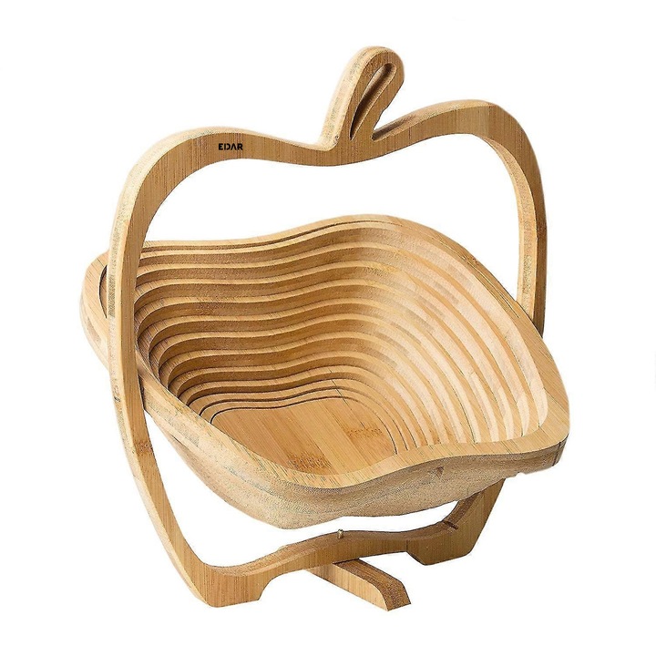 Cos Pentru Fructe si Legume EDAR, Pliabil, Din Bambus, Forma de Mar, 2 in 1, Tocator si Cos Servire, Culoare Lemn Natur