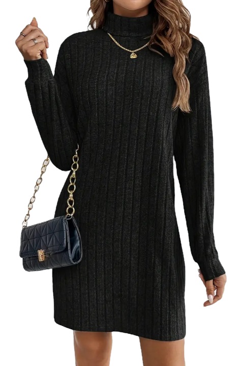 Rochie dreapta cu guler inalt, pe gat, croi lejer cu talie neaccentuata, deasupra de genunchi, material striat gros, L