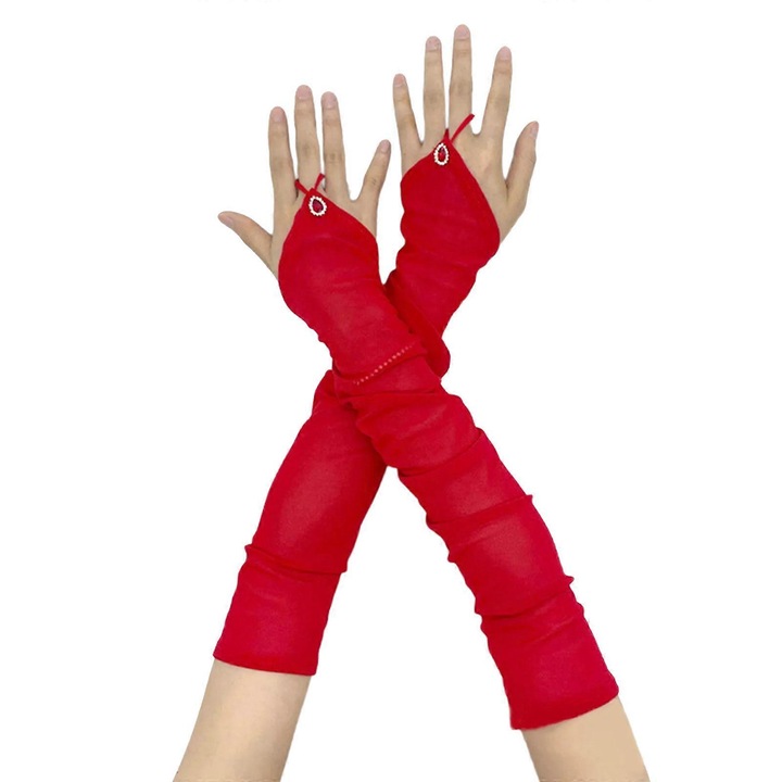 Manusi lungi fara degete, din tulle cu strasuri, rosii, 50cm