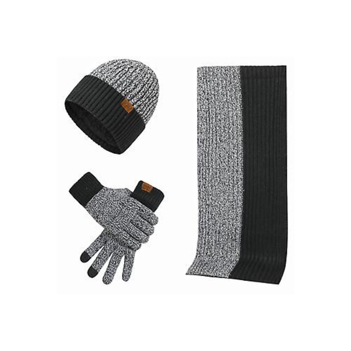 Set caciula, fular si manusi pentru adulti, material elastic, confortabil, culoare solida, dimensiuni: 22x22cm, 180x35cm, 23x9cm