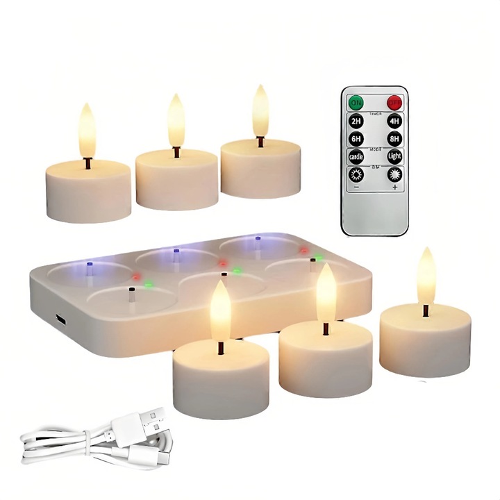 Set lumanari LED reincarcabile, 6 bucati, efect flacara, alb
