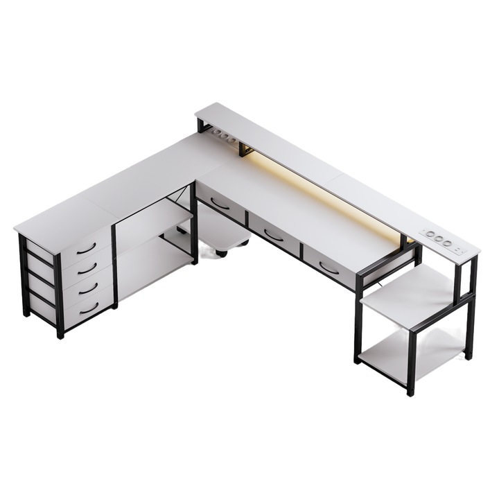 Бюро със секция за съхранение, оборудвано с три контакта и два USB порта, LED осветление, бял