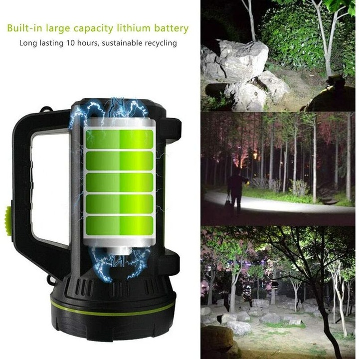 Мощен LED фенер, 6000mAh, със странична светлина, водоустойчив, 1000м, комплект за USB зареждане