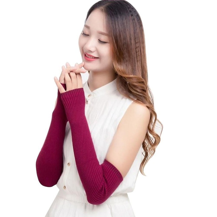 Топли ръкавици без пръсти, зимни ръкавици, плетени ръкавици с половин пръст, дълги ръкавици за жени, червени L червени