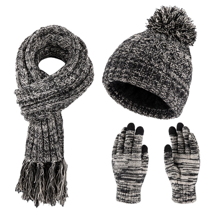 Set 3 piese: caciula neagra, manusi calduroase, fular tricotat pentru femei