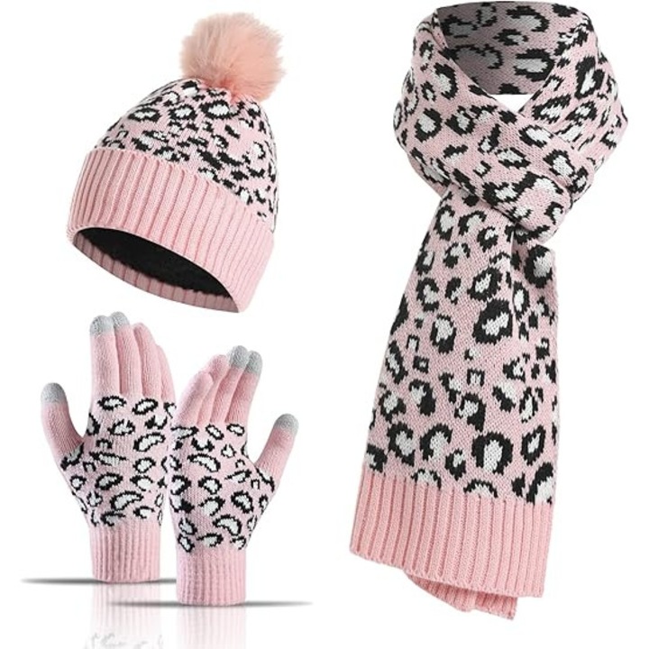 Set Caciula, Fular si Manusi pentru Touchscreen, Imprimeu Leopard, pentru Femei