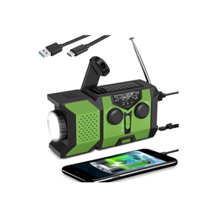 Radio portabil multifunctional 2000mAh cu solar si manivela, AM/FM/NOAA, lanterna LED, verde