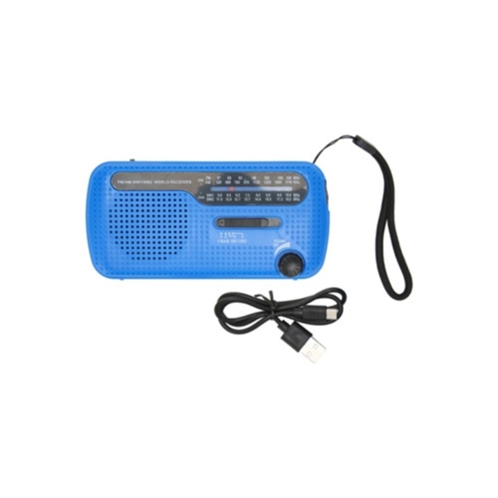Radio portabil cu manivela, multi-banda, lanterna LED, albastru