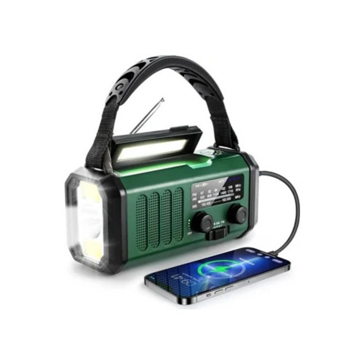 Radio de urgenta cu manivela, 10000mAh, NOAA/AM/FM, lanterna LED, alarma SOS