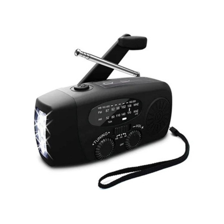 Radio portabil cu manivela, solar, functie lanterna, negru