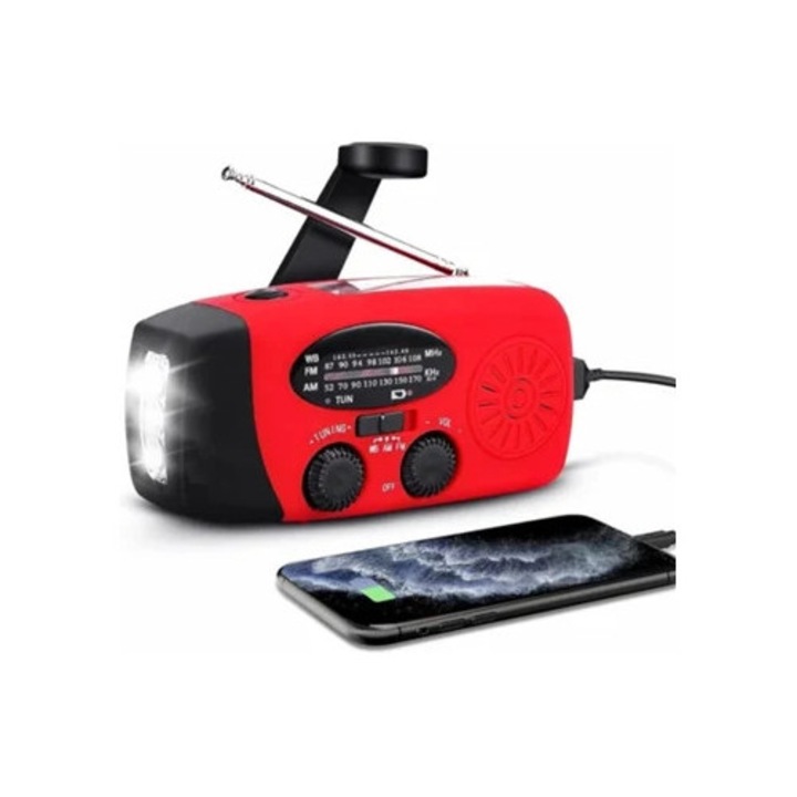 Radio portabil cu manivela, 2000mAh, alimentare solara, flashlight