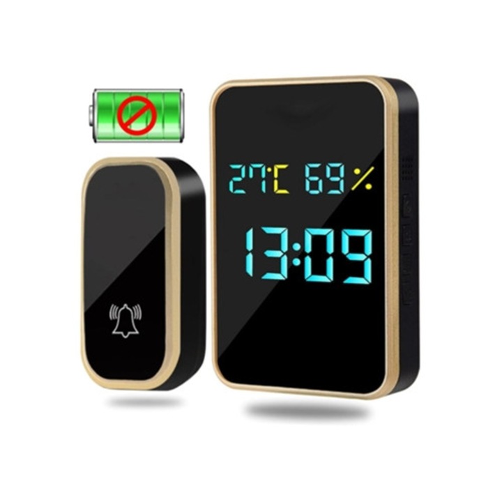 Sonerie electrica wireless, impermeabila, automata, fara baterii, cu afisaj temperatura, umiditate si ora