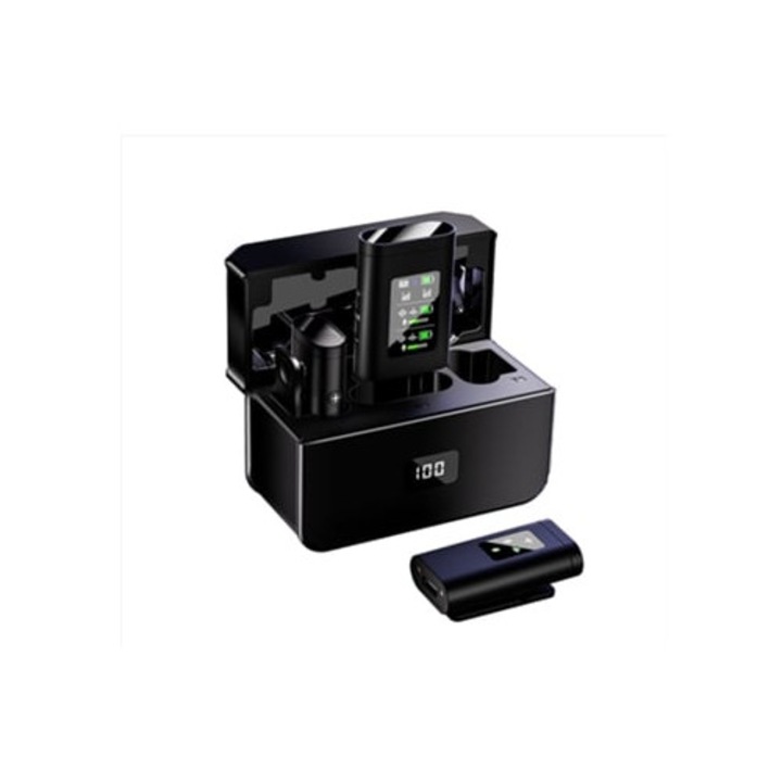 Microfon lavalier Bluetooth S33, ecran LED, reducere zgomot, set pentru transmisii live