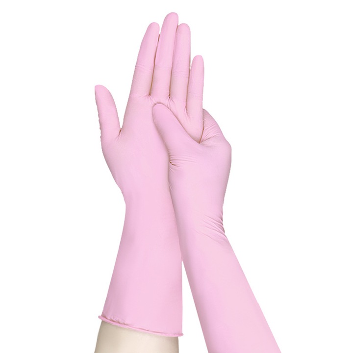 Manusi de unica folosinta Nitril Roz, Set 100 buc, M, fara pudra, fara latex, serie RAINBOW