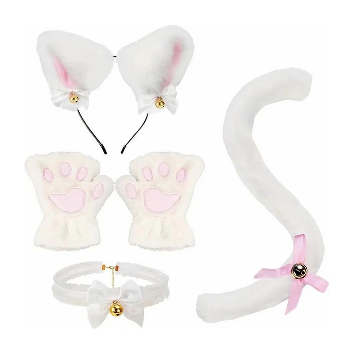 Set accesorii costum pisica, material textil, urechi de pisica, coada, manusi, guler cu clopotel, alb, o singura marime