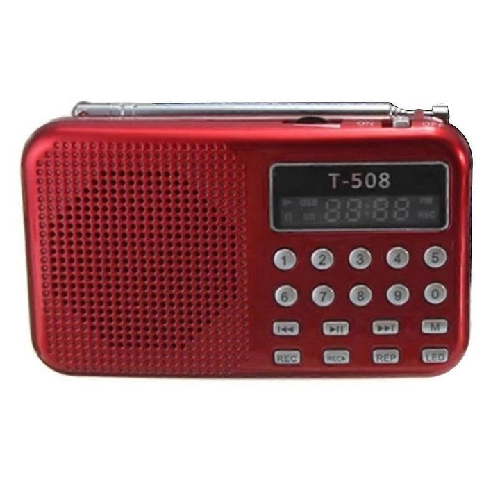 Radio portabil T-508, red, 2W, 10x6.2x2.5cm, cu functie de redare muzica si radio FM
