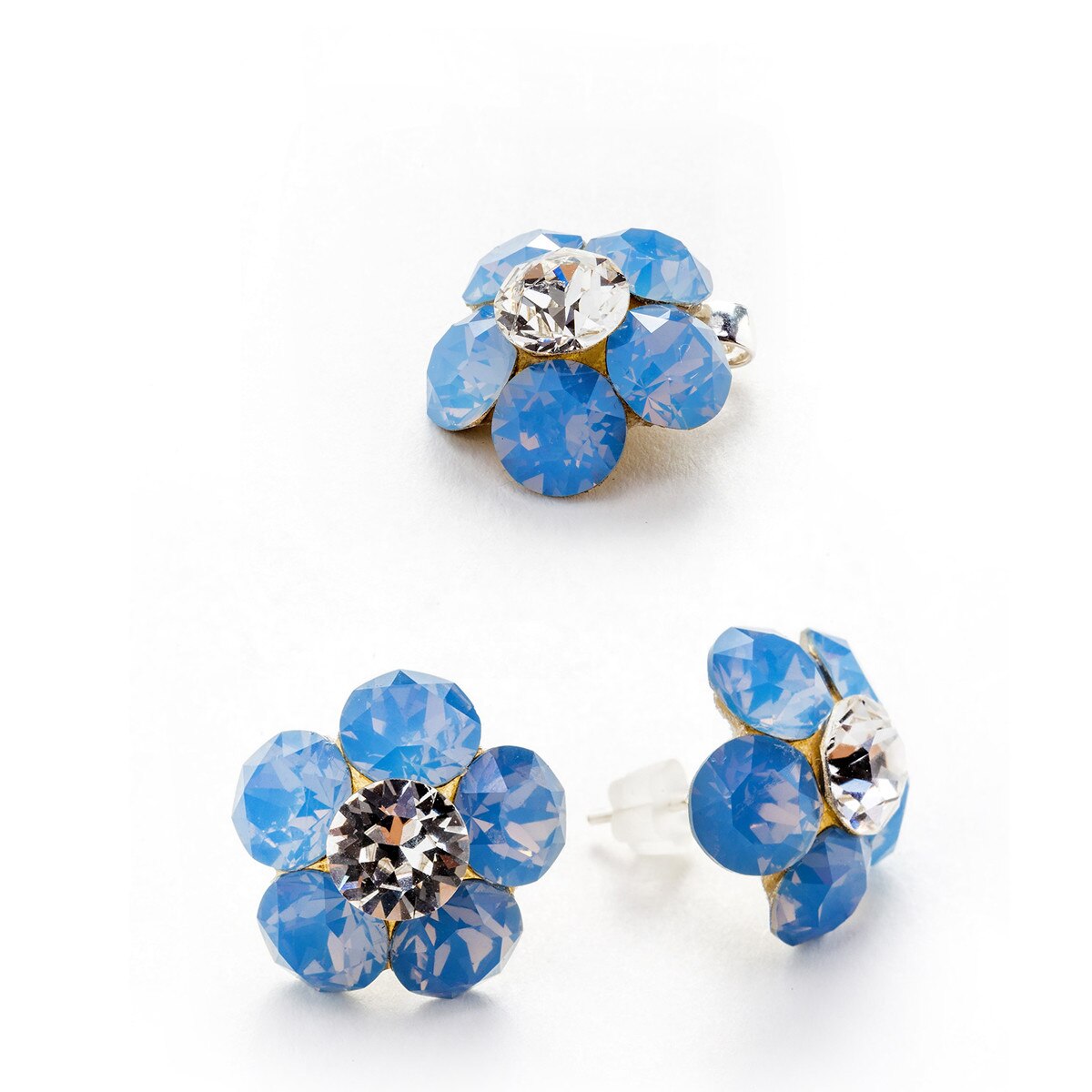 Set Argint DaviCrystals cu cristale cercei floare l cu tija si pandantiv air blue opal opal