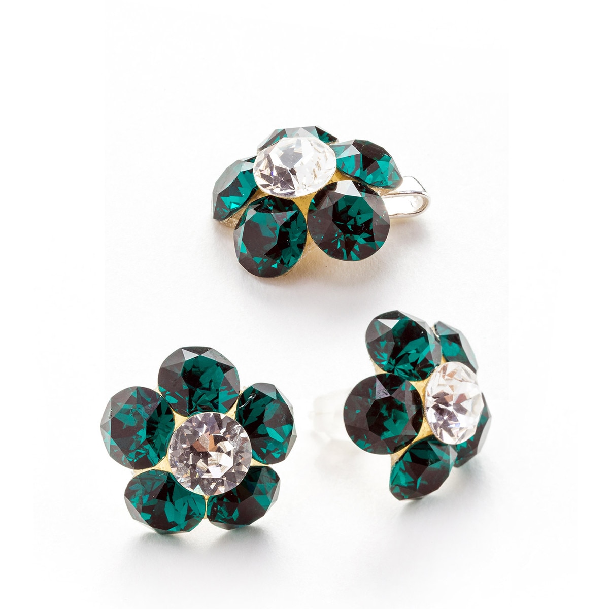 Set Argint DaviCrystals cu cristale cercei floare l cu tija si pandantiv emerald