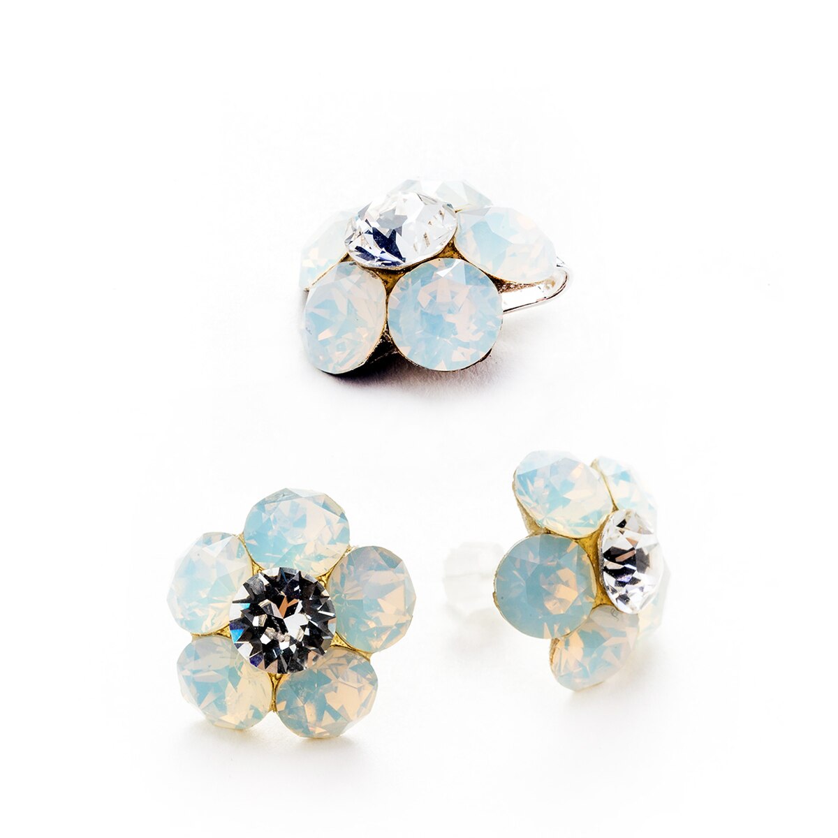 Set Argint DaviCrystals cu cristale cercei floare l cu tija si pandantiv white opal