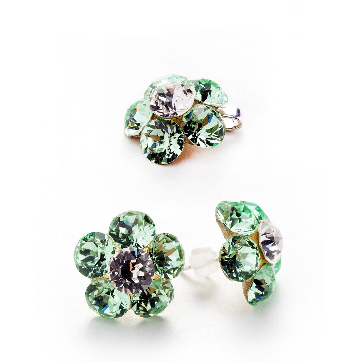 Set Argint DaviCrystals cu cristale cercei floare l cu tija si pandantiv chrysolite