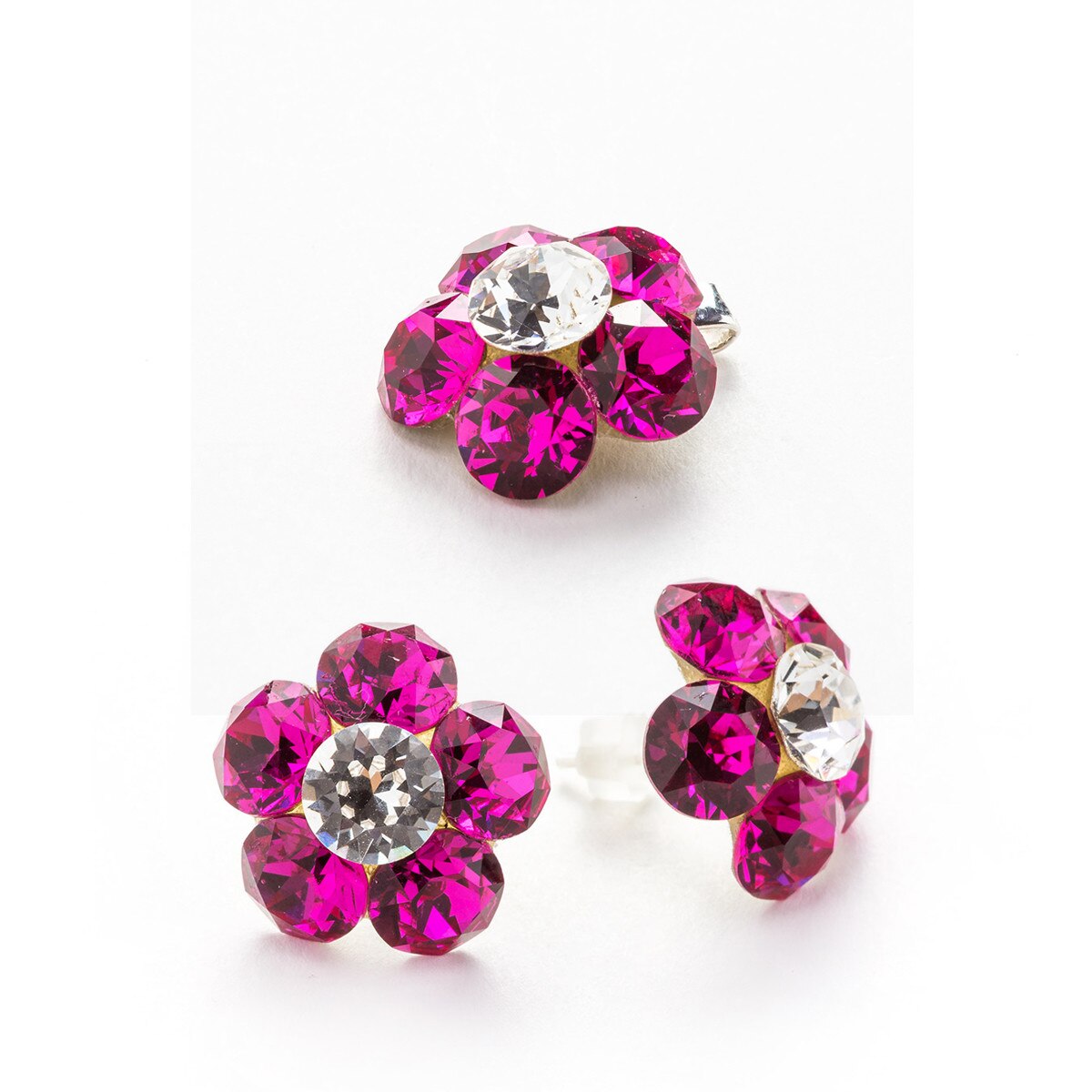 Set Argint DaviCrystals cu cristale cercei floare l cu tija si pandantiv fuchsia