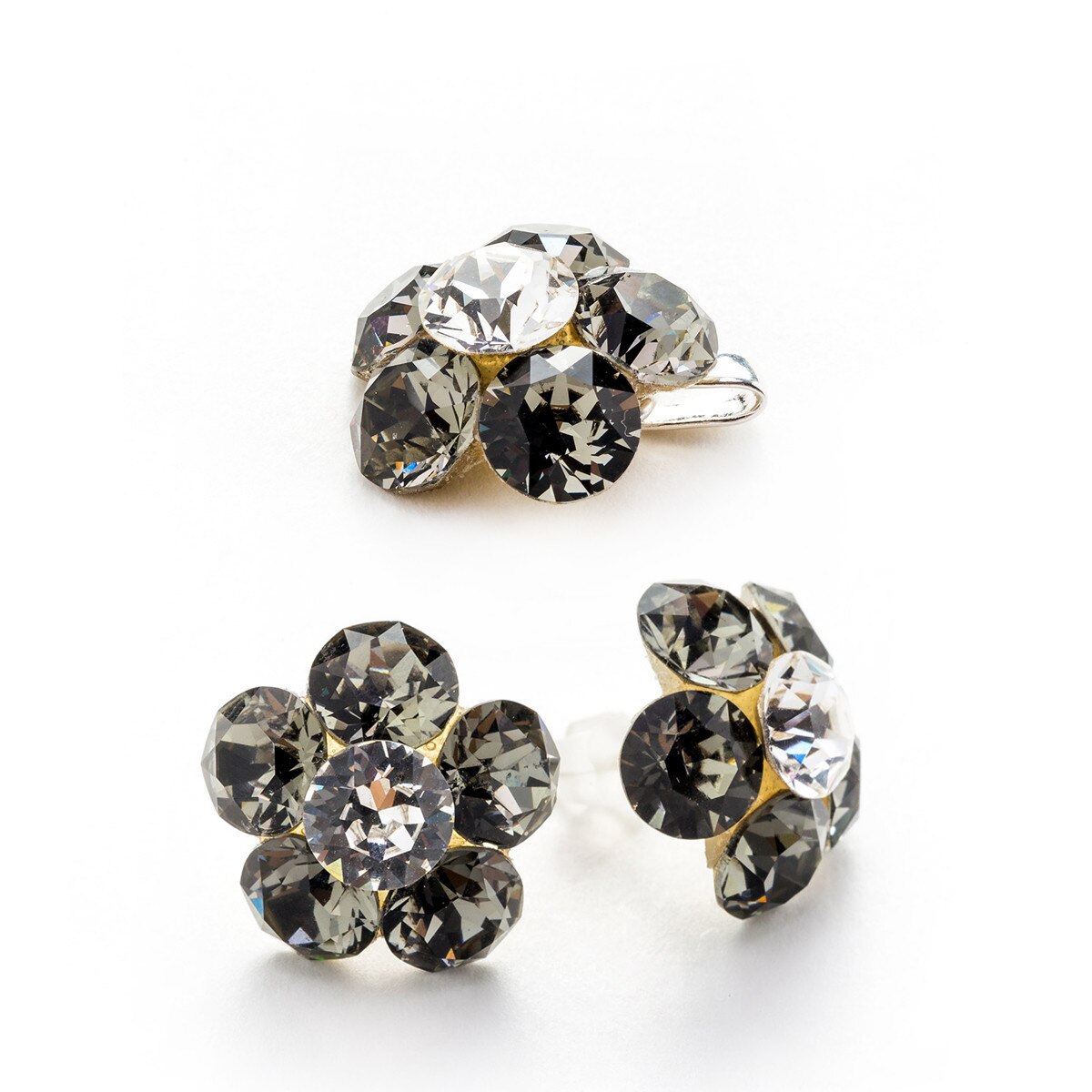 Set Argint DaviCrystals cu cristale cercei floare l cu tija si pandantiv black diamond