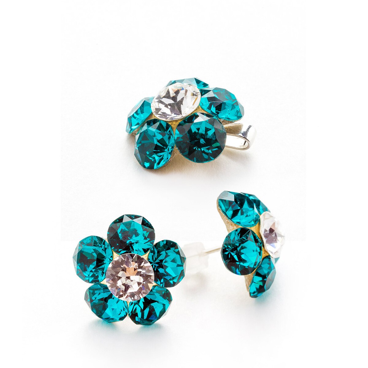 Set Argint DaviCrystals cu cristale cercei floare l cu tija si pandantiv blue zircon