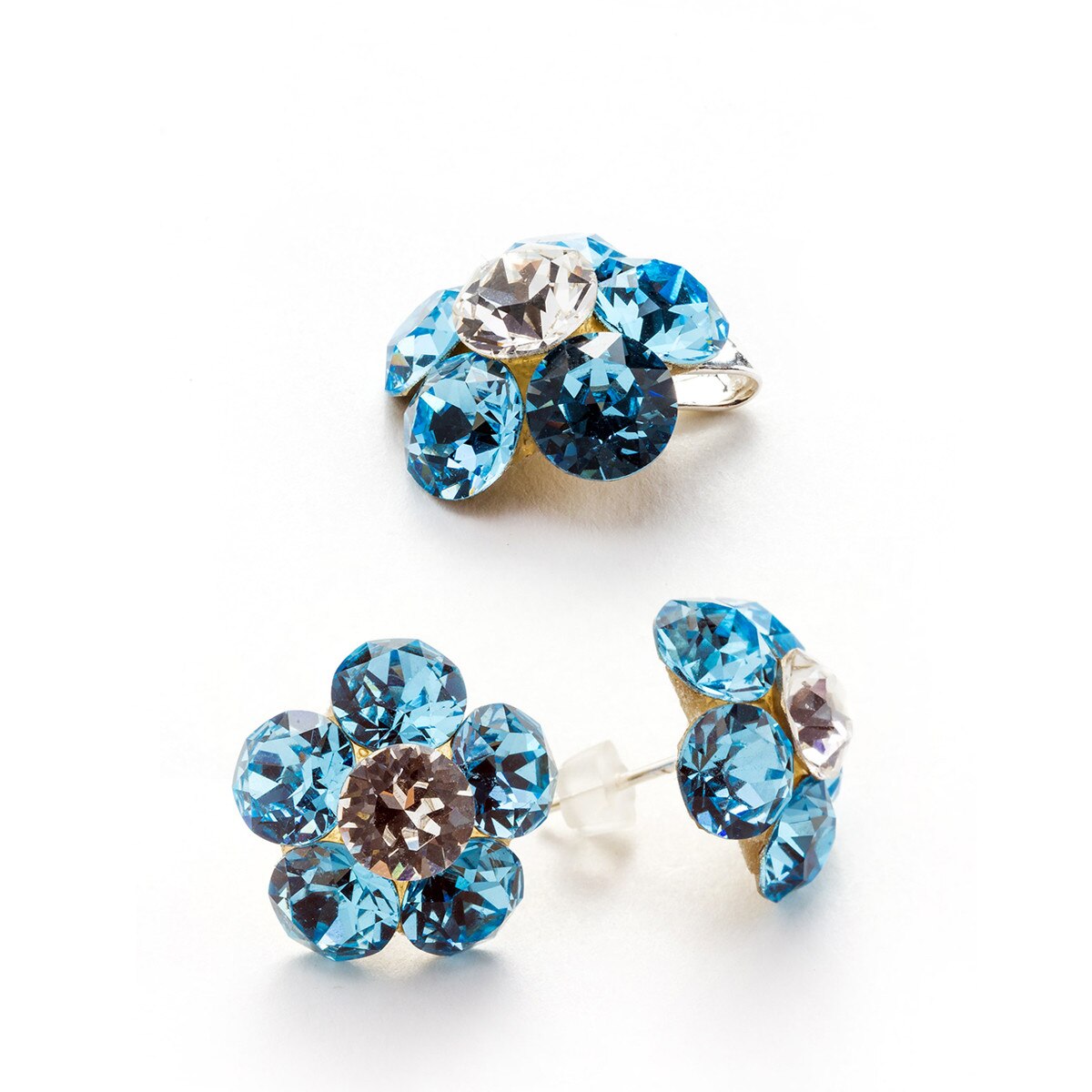 Set Argint DaviCrystals cu cristale cercei floare l cu tija si pandantiv aquamarine
