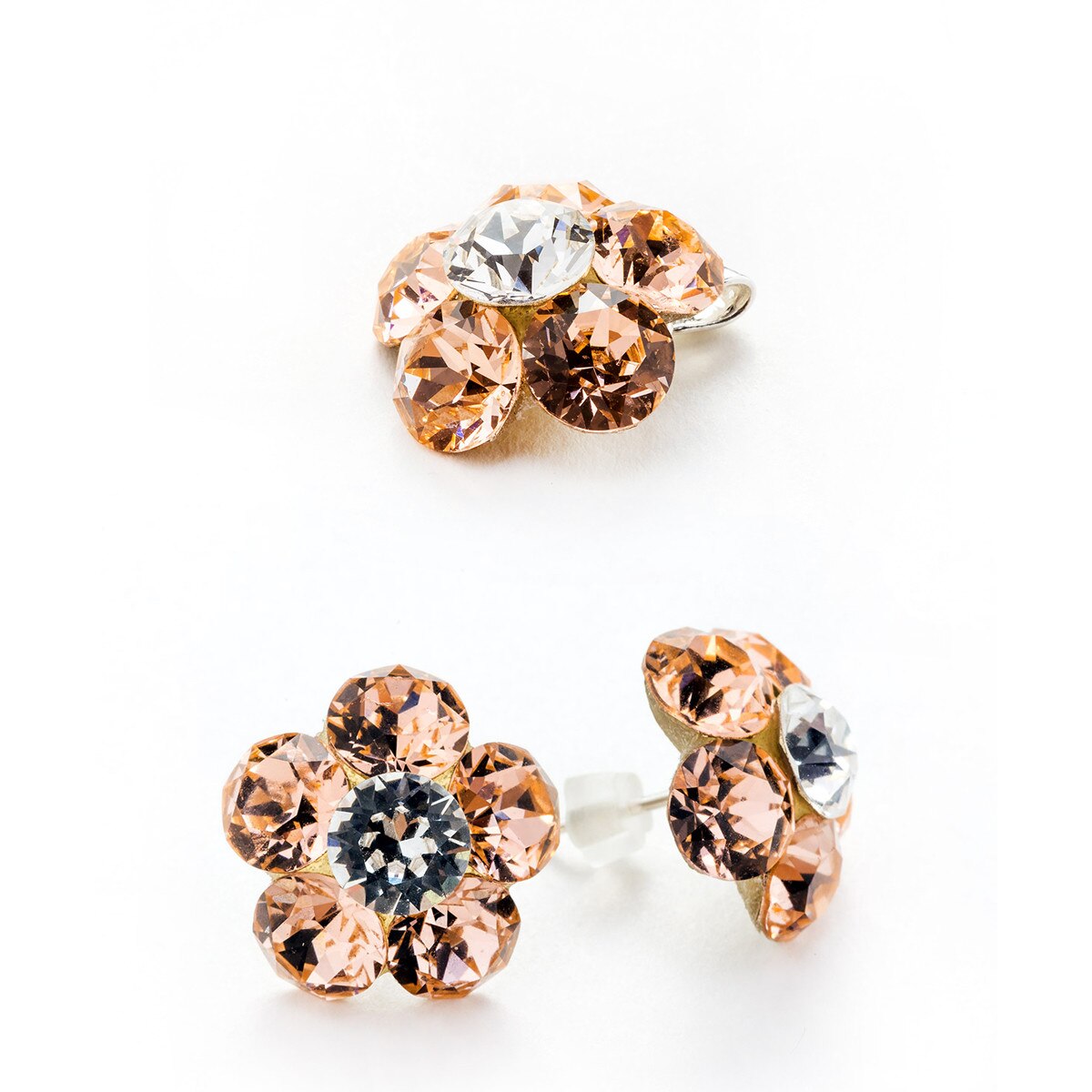 Set Argint DaviCrystals cu cristale cercei floare l cu tija si pandantiv light peach