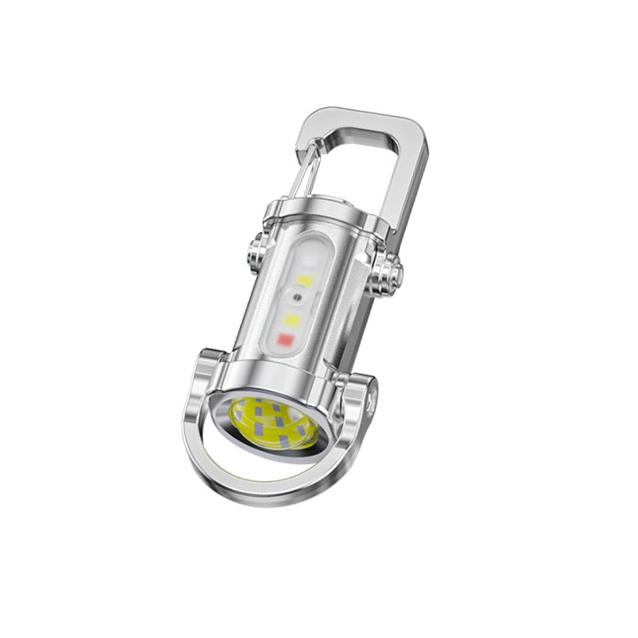 Lanterna portabila cu LED, design compact, impermeabil, incarcare USB, argintie