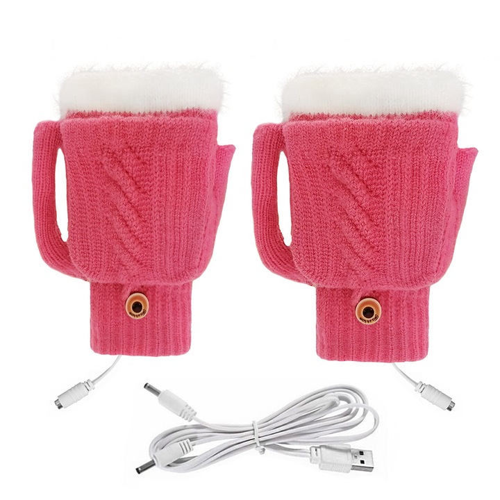 Manusi incalzite USB, jumatate deget, dubla incalzire, tricotate, roz