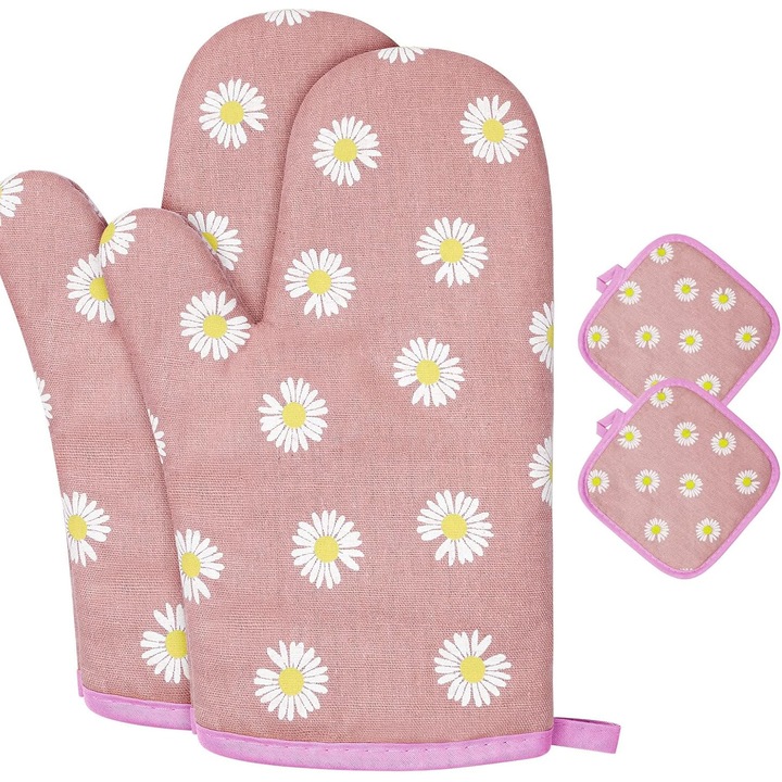 Manusi de bucatarie, 1 pereche manusi si 2 suporturi, bumbac, antiderapante, roz