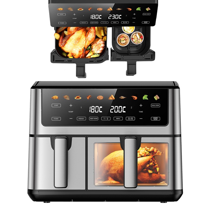 Extralink Air Fryer 10L forrólevegős sütő, 2500W teljesítmény, két rekesz 6.5L + 3.5L, érintőpanel, LED kijelző